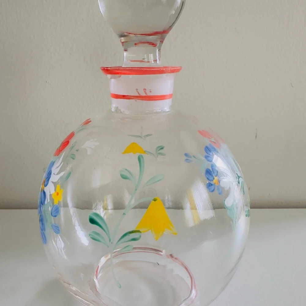 Vintage Hand Painted Floral Glass Decanter Ball Stopper